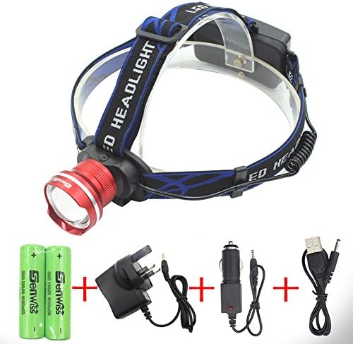 WolfWay Zoomable LED Headlamp 3000lumens 3 Mode Headlight Hands Work Light Outdoor Camping Torch Flashlight with Adjustable Strap Light included 2*18650 4200mAh Rechargeable Batteries Waterproof-Red