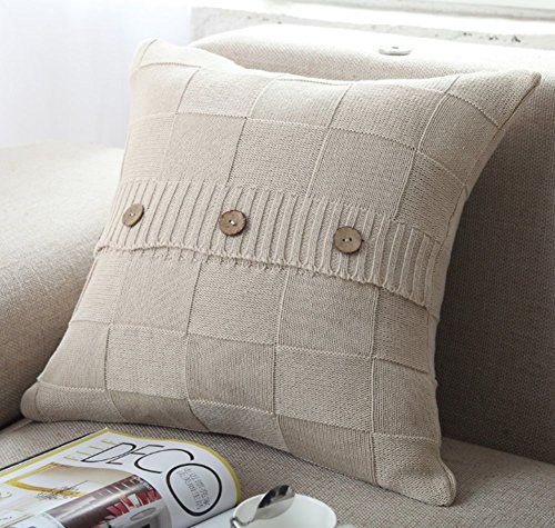 VClife® Baumwolle Zierkissenbezug 45*45cm Kariert Gestrickt Sofa Bett Zimmer Auto Dekokissen Kissenhülle Knopf Beige - 2