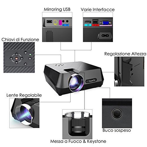 ExquizOn GT-S9 Portatile Multimedia LCD Proiettore 2200 Lumens Supporta USB Cavo Connessione con Smartphone HDMI USB VGA AV TF Interfacce per Home Teatro Film Divertimento