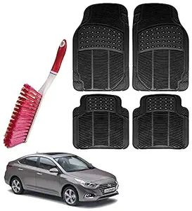 Riderscart PVC Rubber Foot Anti- Slip Car Mat with Cleaning Hard Bristles Brush for Hyundai Verna (Black)