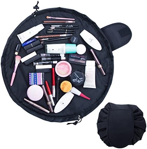 Uworth Magic Lazy Portable Makeup Bag Flat with Drawstring Large Capacity Travel Cosmetic Toiletry Bag for Women Girls Black