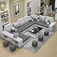 Woodsfreak Designer Sofa Set Contemporary Suede Fabric Upholstered 6 Piece U Shape Sectional Sofa With Storage Of 5 Pouffe - (Right Arm Facing - Grey) - 5 Seater