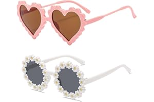 ZALAOR 2Pcs Kids Sunglasses for Girls: Durable UV Protection Sunglasses - Cute Flower and Pink Heart Eyeglasses - Summer Eyewear for Outdoor, Beach, Travel, and Party Wear