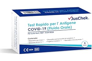 JUSCHEK Test Tampone Rapido Salivare COVID-19 per autodiagnosi - Monouso - 1 test. Justcheck. Rapido e sicuro. Evita il fastidio associato al tampone nasale.