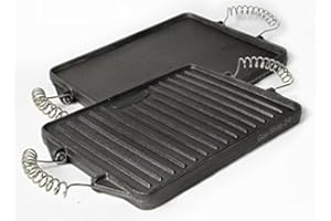GAS-SHOP-24 21 x 27 cm Grillplatte aus Gusseisen mit abnehmbaren Federstahlgriffen (geeignet für Gasgrill, Backofen, Gasherd, Campingkocher, Gaskocher) -Gussgrillplatte