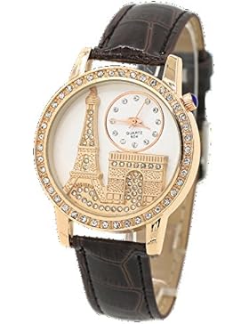Damen Eiffelturm Muster Strass Zifferblatt Lederband Uhr Armbanduhr Braun