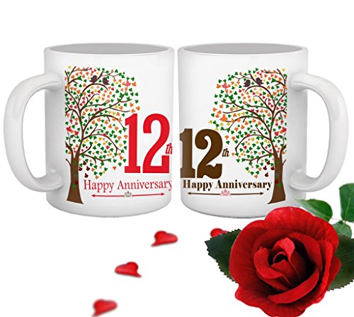 TIED RIBBONS 12th Wedding Anniversary Gift for Collegue Relatives Brother Sister Son Friend Daughter Set of 2 Printed Coffee Mugs with Rose(325ml Each,Multicolor)