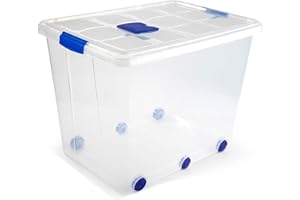 Acan Tradineur - Caja de plástico transparente de 61,5 x 44 x 46,5 cm, con capacidad de 86 litros, Contenedor de plástico para almacenamiento con tapa y ruedas válida para interior y exterior.