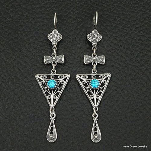 Aqua Blue Topaz Cz Earrings Filigree Style 925 Sterling Silver Greek Handmade Art Unique