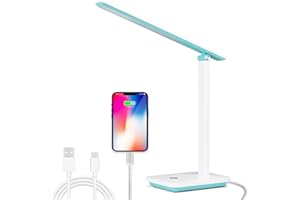 Aigostar lámpara escritorio LED, flexo de escritorio plegable con cable, puerto USB y tipo C, 3 modos y 4 niveles de brillo, función de memoria, flexible ajustable, control táctil, blanco-Verde