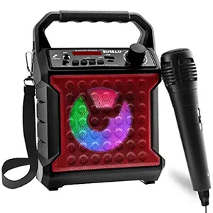 Risebass Portable Karaoke Machine with Microphone - Home Karaoke System with Party Lights for Kids and Adults - Rechargeable USB Speaker Set with FM Radio, SD/TF Card Support, and AUX-In (Red)