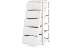 KOMFOTTEU Cassettiera con 4 Ruote a 4/5/6 Cassetti, Carrello Portaoggetti in Plastica, Carrellino Salvaspazio per Bagno, Cucina, Soggiorno, Camera da Letto, Bianco (5 Cassetti)