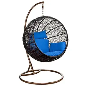 Carry Bird Big Boss Wicker Rattan Hanging Egg Chair Swing for Indoor Outdoor Patio Backyard, Stylish Comfortable Relaxing with Cushion and Stand (Standard Brown Swing, Blue)