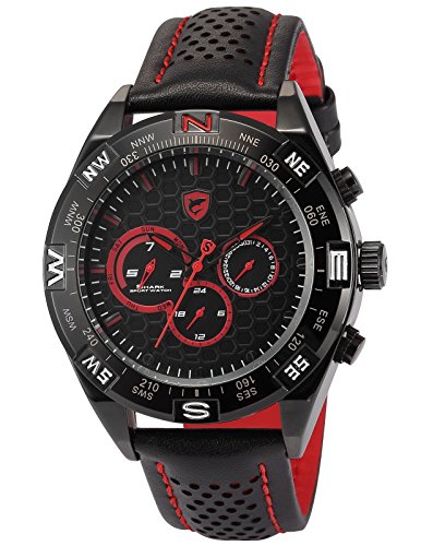 Shark Herren Armbanduhr Analog mit Datum Wochentag 24 Std. Anzeige Leder Band SH420 Schwarz Rot Uhr Shark Herren Armbanduhr Analog mit Datum Wochentag 24 Std. Anzeige Leder Band SH420 Schwarz Rot Uhr