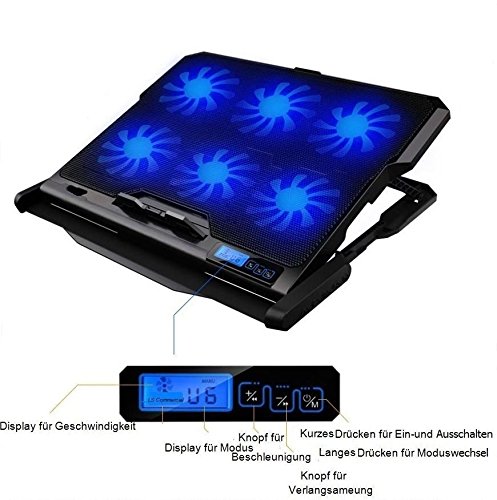 ‚Halterung Kühler bis 6 Lüfter für Laptop Notebook PC, Konsolen… Kompatibel Gerät von 9 bis 17, blaue LED-Beleuchtung, Belüftung und höhenverstellbar, 2 Ports USB… - 4