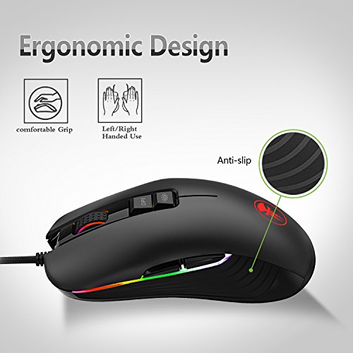 YockTec Rat  n Gaming Ambidextro 5000 DPI 9 Botones Programables Ratones Gaming Optico 6 colores RGB Retroiluminado Rat  n Ergon  mico Zurdo Diestro Gaming para Gamer PC Mac  Windows