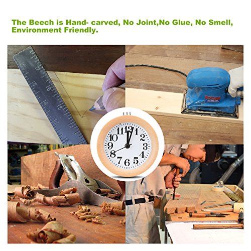 ECVISION Kleiner Wecker Holz Tischuhr Handgemachte Umweltfreundlich Tischuhren Klassisch Kleine Runde Stille Tisch Snooze Buchenholz mit Nachtlicht (Light Wooden) - 9