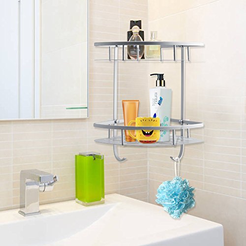 Yosoo Badzimmer 2 Etagen Duschablage mit Handtuch Haken aus Aluminium Duschregal Duschkörbe Eck-Badregal Eckregal ca. 31 x 21cm - 4