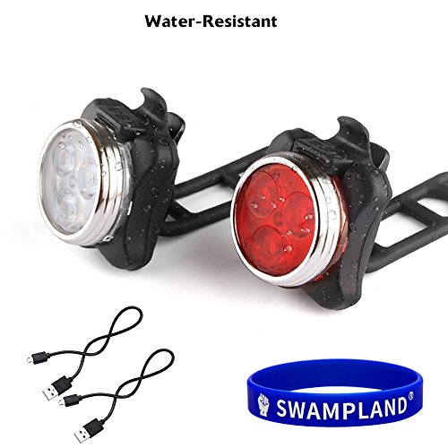 SWAMPLAND LED Fahrradbeleuchtung Set, USB Wiederaufladbare LED Fahrradlicht Set, Fahrradlampe Set inkl, LED Frontlichter und Rücklicht, 4 Licht-Modi USB Aufladbare Fahrradlichter, Fahrradlampen Set