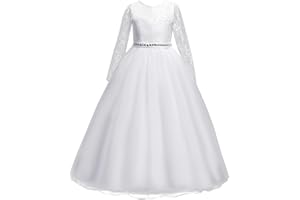 IWEMEK Kinder Blumenmädchen Spitze Tüll Langarm Hochzeit Brautjungfer Kommunion Geburtstag Party Prinzessin Kleid Formale Festzug Karneval Abschlussball Tanz Ballkleid Maxi Langes Kleid 3-12 Jahre