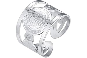 FaithHeart Anillo Hombre Santa María/San Benito/San Cristóbal/San Miguel Arcángel Anillo Ancho Abierto Cristiano Acero Inoxidable 316L Joyería Religiosa