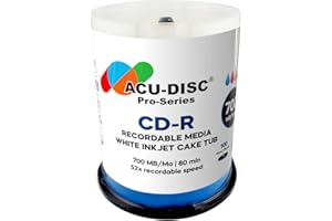 ACU-DISC Pro-Series CD-R 52x Speed 700MB 80 Minute Full Face Brilliant White Inkjet Printable Blank Discs 17639 – 100 Pack Spindle