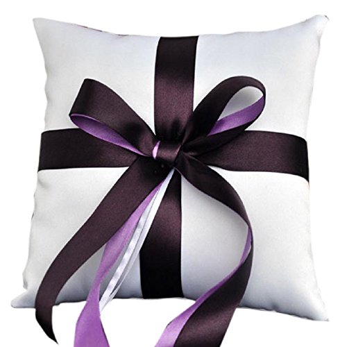 dimart Coussin Oreiller Anneau de Mariage Perle en fibre - Détails en dentelle Motif floral/toile grande fleur paon queue design/Double Violet rubans croisés avec nud noir/blanc contraste couleur avec nuds et ruban gros-grain/Blanc taches Violet Écharpe et strass/strass plissé satin avec biais coton, Style 3