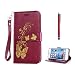 Produktbild KSHOP Tasche Hülle PU Ledertasche Burgunder-Rot mit Bronzing Drucken Schmetterling golden für Samsung Galaxy J1 (2015) J100 J100H Case Cover Schale Ultra Slim Smart Ledertasche Flip Etui mit Standfunktion mit Brieftasche + Bleistift Touch Rose