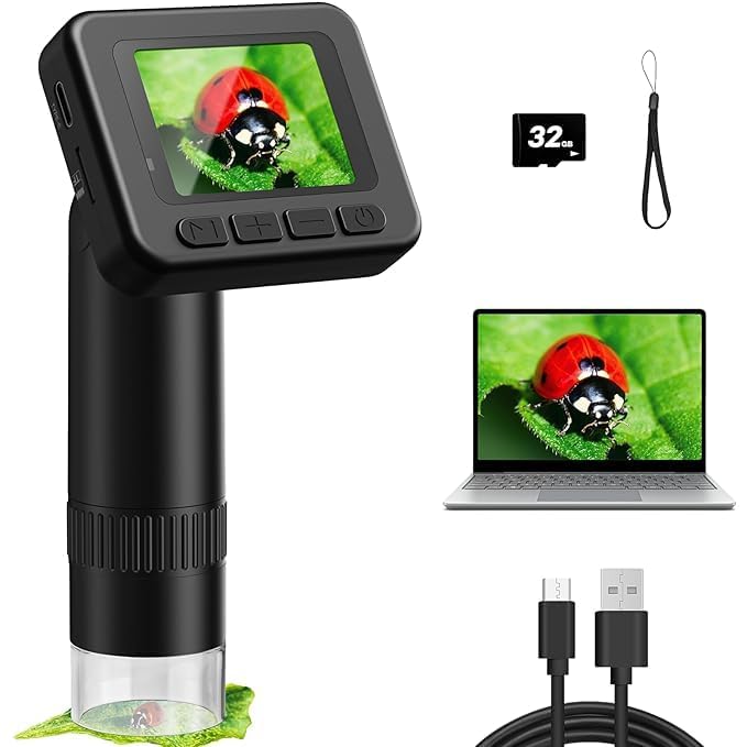 ARTNERY Digital Microscope D-KS2 with 2" IPS Screen - Take Pictures & Videos - Download to PC & Mac - 1000X Pocket Microscope for Kids/Adults with 32G SD Card - Use Indoors&Outdoors