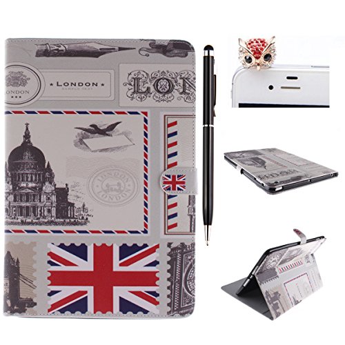 iPad mini Lederhülle - Felfy Slim Full Body UK Flagge mit London Muster PU Case Cover Etui Schutz Hülle Tasche für Apple ipad mini 3 mini 2 mini 1 + 1x Rot Bling Eule Anti Stöpsel + 1x Black Stylus
