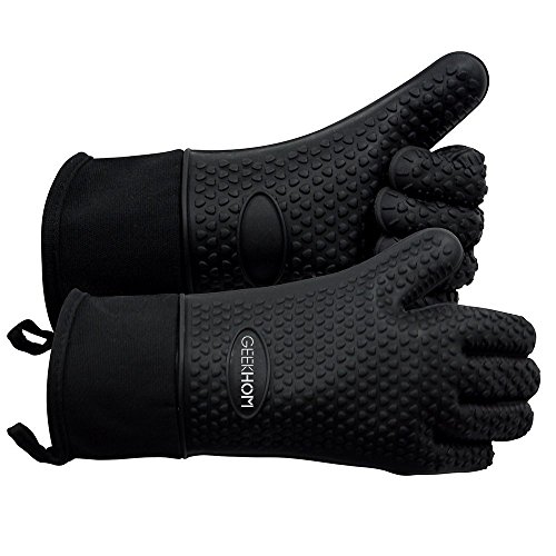 GEEKHOM Grillen Handschuhe, hitzebeständige Handschuhe Grill Küche Silikon Ofenhandschuhe, lange Wasserdicht Rutschfeste Topflappen zum Grillen, Kochen, Backen