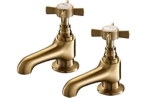 Golden Basin Taps Pair, HEXMIXER Victorian Bathroom Sink Taps, 1/4 Turn Brush Gold Brass Traditional Basin Pillar Taps G1/2 042GO