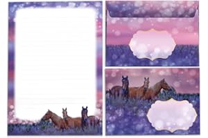 JUNAPACK Ensemble de papier à lettre pour fille cheval violet avec enveloppe pour enfants (bloc A5 de 25 feuilles + 15 enveloppes)