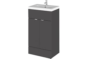 Hudson Reed CBI924A Fusion Modern Bathroom 2 Door Floor Standing Vanity Unit and Full Depth Ceramic Basin, 500mm, Gloss Grey