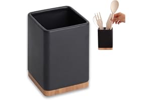 KOOK TIME Porta utensilios de cocina - Bote para utensilios cocina de cerámica y bambú - Soporte utensilios cocina cuadrado - Negro mate - 10.5 x 10.5 x 15 cm