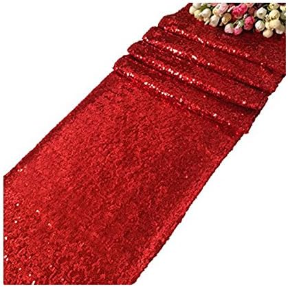Trimming Shop 11x108 Inch Shimmer Sequin Table Runner Glitter Table Runner Overlay Sequin Table Linen Fabric for Dining Party Wedding Reception Banquet Table Decoration, Red, 1pc