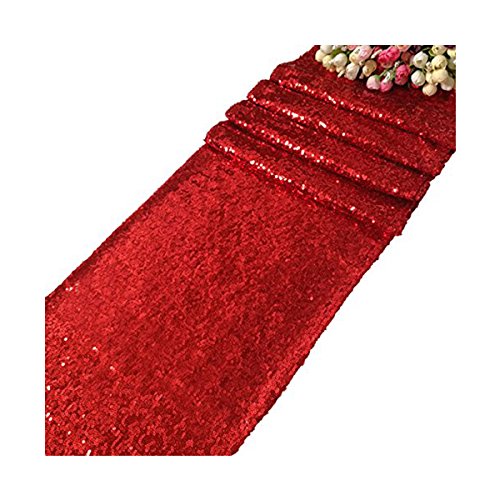 Trimming Shop 11x108 Inch Shimmer Sequin Table Runner Glitter Table Runner Overlay Sequin Table Linen Fabric for Dining Party Wedding Reception Banquet Table Decoration, Red, 1pc