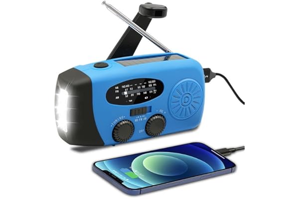 Radio Manivela de Emergencia Portátil, Radio AM/FM Recargable Solar y por Manivela,2000mAh Powerbank, Linterna LED de 3 Modos, Luz de Lectura-Cargador Celular,Alarma SOS Camping y Supervivencia (Azul)