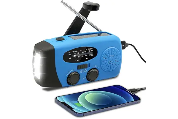 Radio Manivela de Emergencia Portátil, Radio AM/FM Recargable Solar y por Manivela,2000mAh Powerbank, Linterna LED de 3 Modos, Luz de Lectura-Cargador Celular,Alarma SOS Camping y Supervivencia (Azul)
