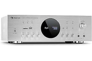 Auna AMP - Amplificatore Stereo HiFi per Karaoke, Radio o Home Cinema, Connessioni USB e SD, Bluetooth, Frequenza: 20 Hz-20.000 Hz, 43 x 14,5 x 30,5 cm (LxAxP), Argento