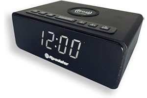 Roadstar CLR-700QI Radio Reloj Despertador PLL FM, Cargador Inalámbrico de Móvil Smartphone con Tecnología QI, 2 Alarmas, Gran Pantalla LCD, Función Snooze, Temporizador de Apagado, Negro