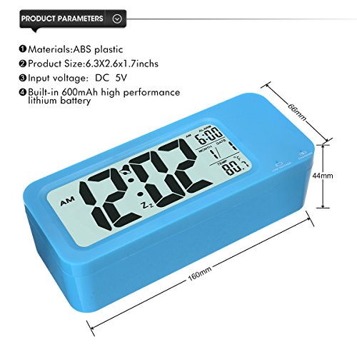 KING DO WAY USB Intelligentes Wecker LED Digital Uhr Große Display Voll Funktions Snooze, Triple-Alarm, Temperatur-Anzeige, Smart Licht USB-Aufladung Umweltschutz JC1908 Blau - 2