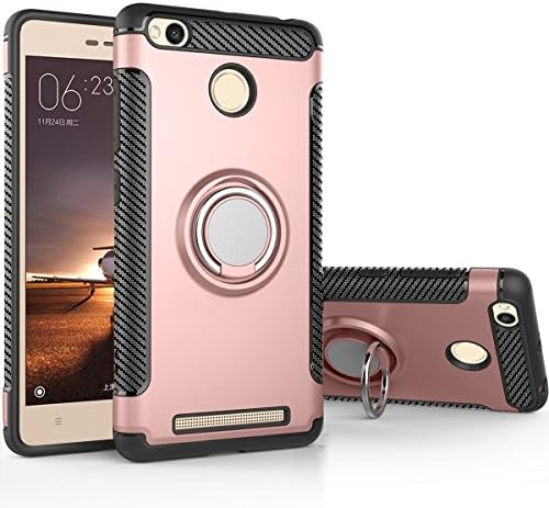 COOLKE Dual Layer Shockproof TPU Silicone + PC Hard Back shell 360 Rotating Ring Grip Holder Kickstand with Back Magnetic Circle Protective Case Cover for Xiaomi Redmi 3S - Rose Gold