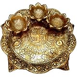 Tuski 3 in One Diya Thali Pure Brass Hindu Pooja Article,Diyas, Deepak Oil Lamp Engraved 3 in 1