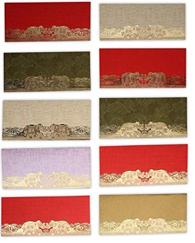 DEVIKA DGE8-12 - Sobre de regalo para cachemira (10 + 2 gratis 12 nariz) con diseño de elefantes de Maharaja de 19 x 9 cm, color dorado y plateado