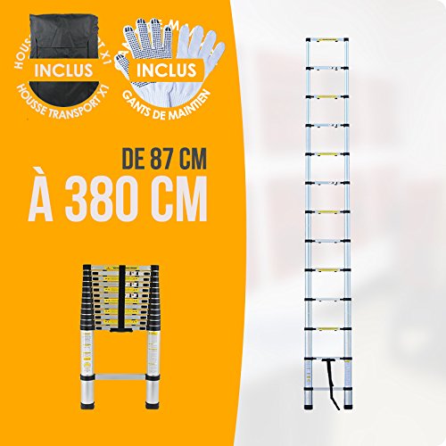 Linxor ® Profi Alu Teleskopleiter mit 2,60 m, 3,20 m und 3,80 m Länge, mit Transporthülle und Schutzhandschuhen – Norm EN131 - 2