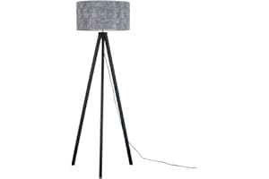 MiniSun Modern Black Wood Tripod Design Floor Lamp with a Grey Felt Weave Design Cylinder Light Shade - Complete with a 6w LED GLS Bulb [3000K Warm White]