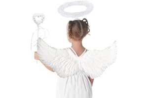 Ailes d'ange Blanches, Ailes d'ange,Ailes d'ange en Plumes avec Halo et Baguette Magique,Costume d'ailes d'ange pour Femme et Fille, Décoration de fête costumée(Blanc)