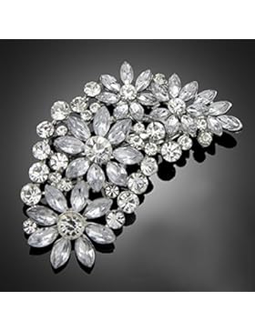 Vintage große Braut Strass Kristall Brosche Blumen Silber 7,2 cm (BR077)