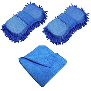 EGOODZ Multipurpose Microfiber Scratch/Lint Free Scrub Wash and Dry/Wet Cleaning Dusting Sponge with Strap (2 Pcs) and All Purpose Microfibre Towel (1 Pc) for Car, Bike, Home & Office (Pack of 3)